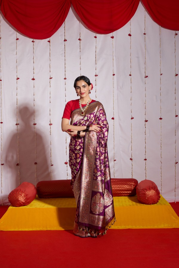 Wine Pure Katan Silk Banarasi Handloom Saree